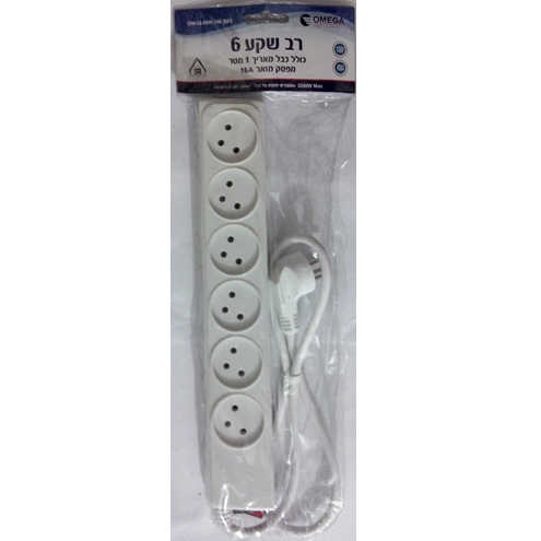 רב שקע 6 + כבל 1 מטר ומפסק