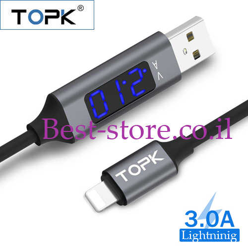 כבל טעינה וסנכרון Lightning עם תצוגת מתח / כוח TOPK
