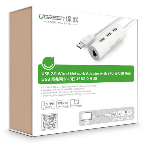 מפצל USB 2.0 עגול עם כניסת רשת Ugreen